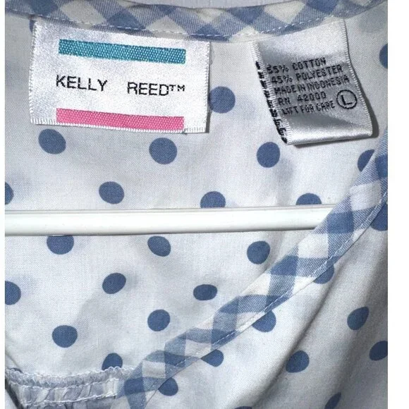 Vintage Kelly Reed Blue Gingham & Polka Dot House Dress With Pockets Size Large - Picture 2 of 8